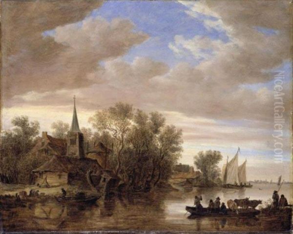 A River Landscape With A Cattle-ferry Oil Painting by Jan van Goyen