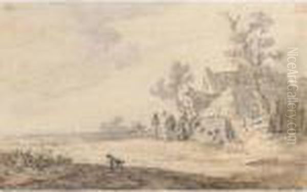 A Rural Landscape With A Farm, Haystack And Peasants Oil Painting by Jan van Goyen