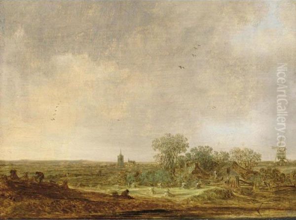 An Extensive Dune Landscape With
 Corn Stooks And A Mill And A Distant View Of The Grote Kerk In The 
Hague Oil Painting by Jan van Goyen