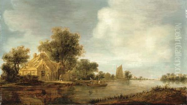 A River Landscape With A Boat And Cottages On An Embankment Oil Painting by Jan van Goyen