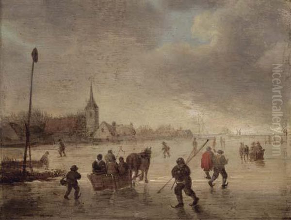 A Winter Landscape With Skaters And Kolf Players On A Frozenlake Oil Painting by Jan van Goyen