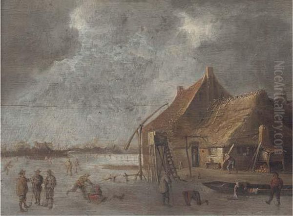 A Winter Landscape With Skaters And Kolf Players By A Village On Afrozen Lake Oil Painting by Jan van Goyen