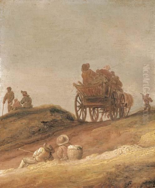 A Dune Landscape With Peasants In A Horsedrawn Cart And Travellersresting On A Path Oil Painting by Jan van Goyen