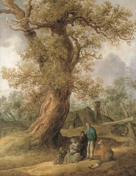 A Family Of Peasants Sitting Under An Oak Tree With Cottages In Thedistance Oil Painting by Jan van Goyen