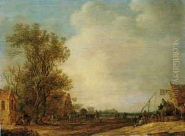 Ein Wirtshaus Mit Einem Schwan 
Im Aushangeschild. Im Vordergrund Links Drei Figuren Vor Einer Kapelle 
(der Petronella-kapelle In De Bilt Bei Utrecht). Oil Painting by Jan van Goyen