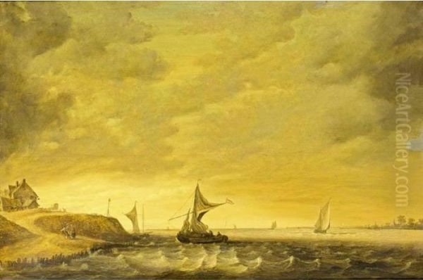 A River Landscape With Sailing 
Boats In Choppy Waters And Figures Conversing On The Shore Oil Painting by Jan van Goyen