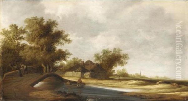 River Landscape With Figures On A Bridge, A Farmhouse Beyond Oil Painting by Jan van Goyen