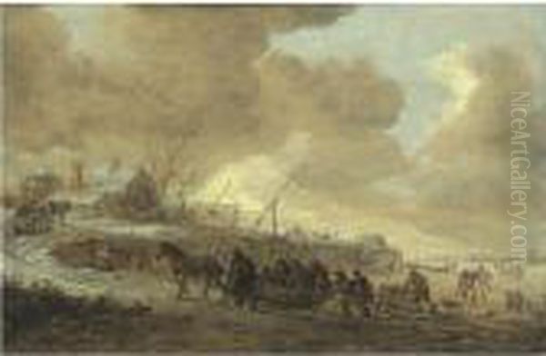 A Frozen River With Horse-drawn Sleds On A Bank, Cottages Beyond Oil Painting by Jan van Goyen