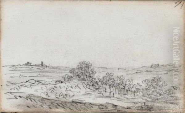 Landscape With Bushes And A Group Of Trees, With Buildings In The Distance Oil Painting by Jan van Goyen