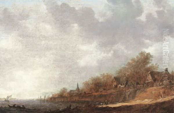 A Village At The Banks Of A River Oil Painting by Jan van Goyen