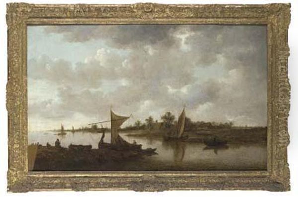 An Extensive River Landscape With Sailing Barges And Figures On Abank, Buildings Beyond Oil Painting by Jan van Goyen