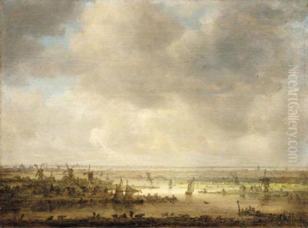 Panoramic Landscape With Windmills And Boats Oil Painting by Jan van Goyen