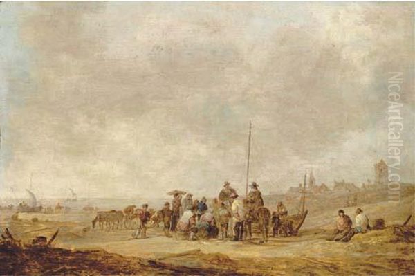 Fishermen With Their Catch And Townsfolk On The Beach At Katwijkaan Zee Oil Painting by Jan van Goyen