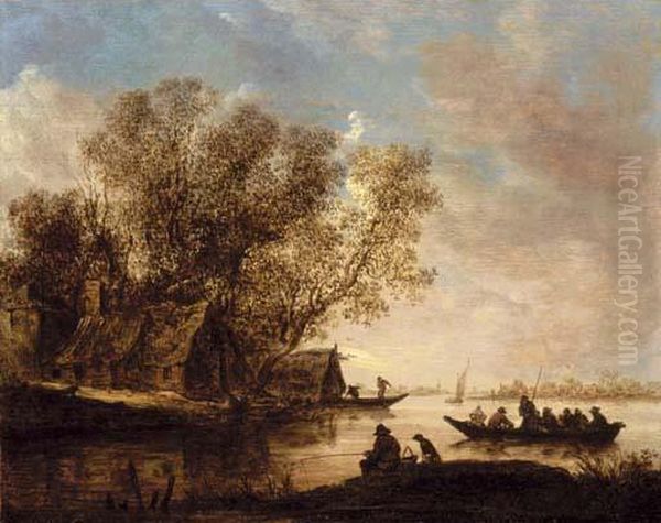 A River Landscape With Fishermen And A Cottage On The Bank Oil Painting by Jan van Goyen