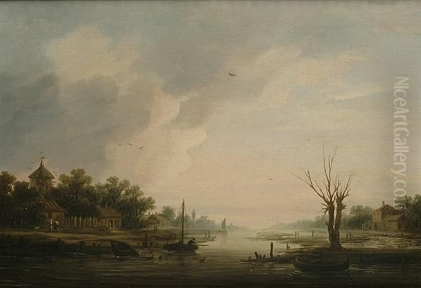 A River Landscape With Fishing Boats And A Village Beyond Oil Painting by Jan van Goyen