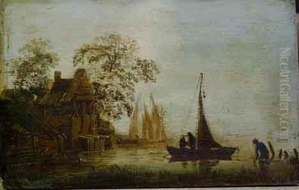 River Landscape With Fisherman In A Boat Oil Painting by Jan van Goyen