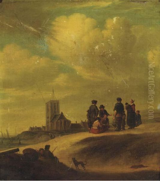 Fishermen And Townsfolk On The Beach At Egmond Aan Zee Oil Painting by Jan van Goyen