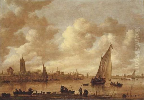 A View Of Gorinchem With Shipping On The Rhine In Theforeground Oil Painting by Jan van Goyen