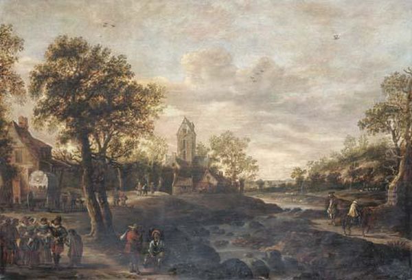 A River Landscape With Travellers Approaching A Village Oil Painting by Jan van Goyen