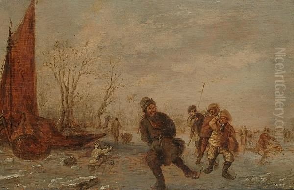 A Winter Landscape With Figures Skating On A Frozen River Oil Painting by Jan van Goyen