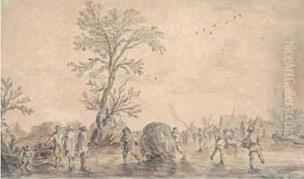 Patineurs Et Traineau D'approvisionnement Sur Un Cours D'eau Gele En Hiver Oil Painting by Jan van Goyen