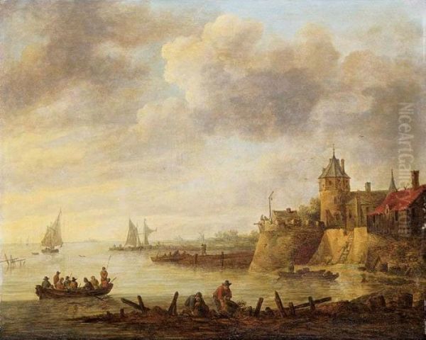 River Scene With A Fortified Shore Oil Painting by Jan van Goyen