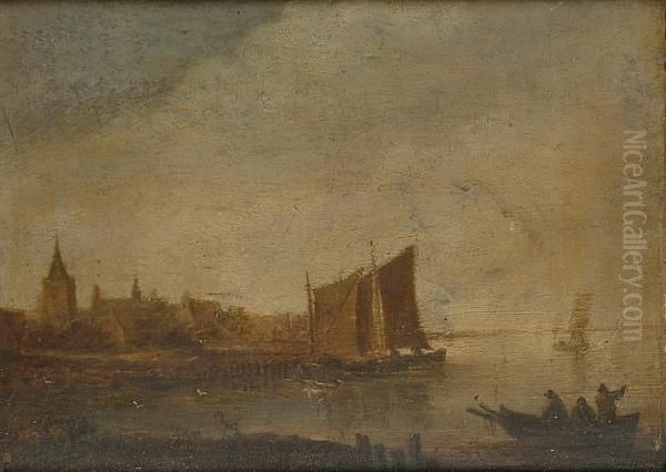 Vessels On An Estuary Beside A Village Oil Painting by Jan van Goyen