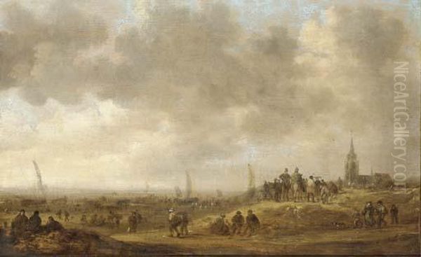 A Coastal Landscape With Figures On The Dunes, A Churchbeyond Oil Painting by Jan van Goyen