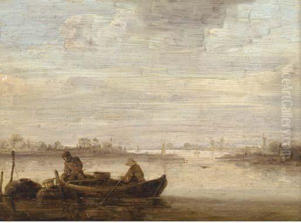 A River Landscape With Fishermen In A Boat Oil Painting by Jan van Goyen