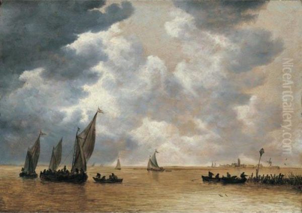 An Estuary Scene With Small Vessels In Light Airs, And A Distant View Of Woudrichem Oil Painting by Jan van Goyen