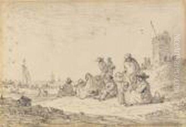 Figures Seated Among Dunes, A Tower To The Right, Ships Drawn Up On The Beach Beyond Oil Painting by Jan van Goyen