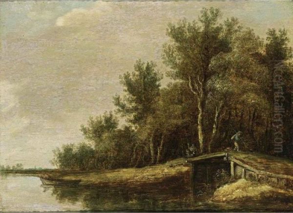 A River Landscape With A Fisherman In A Rowing Boat, And A Traveller On A Bridge Oil Painting by Jan van Goyen