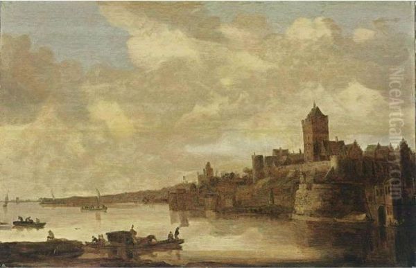 Nijmegen: A View Of The Valkhof 
Seen From Across The River Rhine, With A Ferry In The Foreground Oil Painting by Jan van Goyen