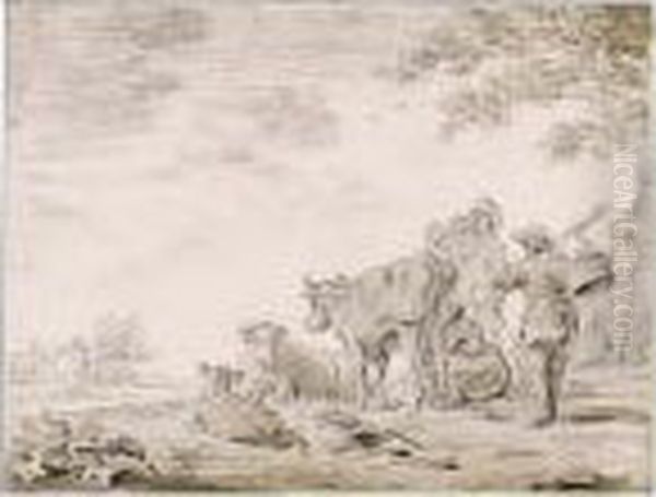 Cows And A Milkmaid In A Landscape Oil Painting by Jan van Goyen