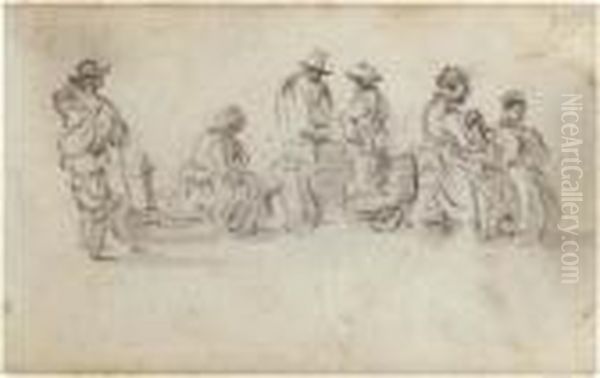 A Sketchbook Page: Study Of Six 
Figures At A Marketplace, Two Discussing Goods, Another Seated On A 
Wheelbarrow Oil Painting by Jan van Goyen