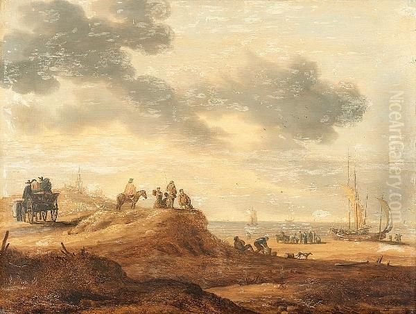 A Dune Landscape With Figures On The Shore, Shipping Beyond Oil Painting by Jan van Goyen