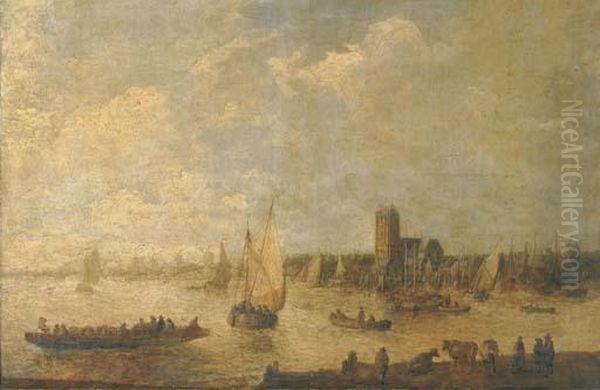 A River Landscape With Shipping 
And Fishermen In Rowing Boats Andcattle Grazing In The Foreground, A 
City Beyond Oil Painting by Jan van Goyen