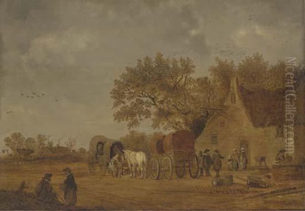 Travellers At Halt Outside The Swan Inn Oil Painting by Jan van Goyen