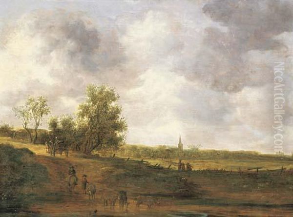 A Rural Landscape With Peasants And A Drover By A Track, A Village Beyond Oil Painting by Jan van Goyen