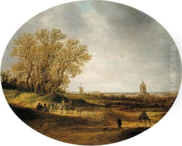 Two Riders And Other Figures On A
 Road, With A Distant View Of The Church Of Nieder-elten Oil Painting by Jan van Goyen