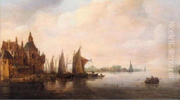 A River Landscape With Various Vessels Moored Beside A Quay Oil Painting by Jan van Goyen