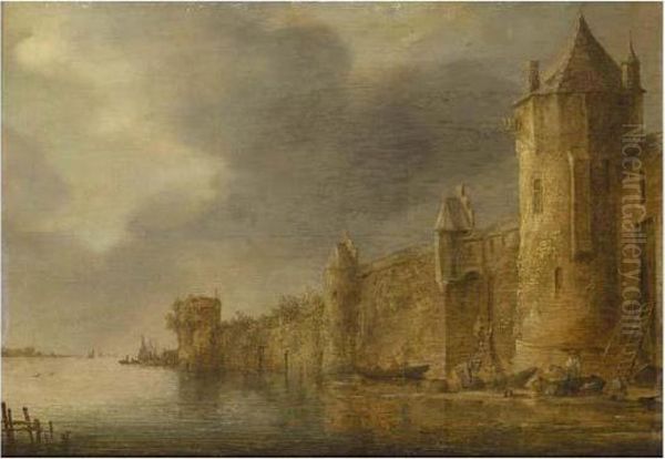 River Landscape With Figures On The Shore Beneath A Fortified Town Oil Painting by Jan van Goyen