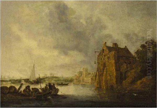 Landscape With Boats And Houses On A Riverbank Oil Painting by Jan van Goyen