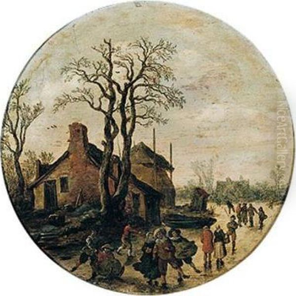 A Winter Landscape With Figures Skating And Sledging On The Ice Outside A Village Oil Painting by Jan van Goyen