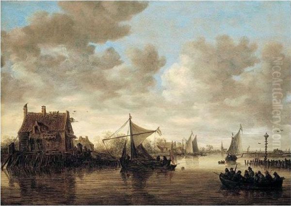 The Oude Wachthuis On The Kil Near Dordrecht, With Smalschips And A Ferry Oil Painting by Jan van Goyen