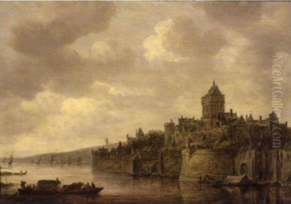 The Valkhof At Nijmegen,with A Ferry On The River Waal In The Foreground Oil Painting by Jan van Goyen