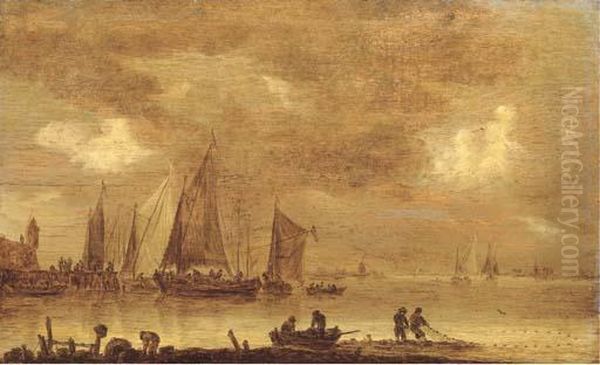 An Estuarine Landscape With 
Fishermen Drawing In Nets In The Foreground, Boats By A Jetty Beyond Oil Painting by Jan van Goyen