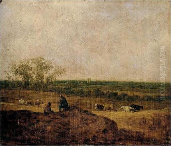 A Dune Landscape With Two 
Figures Conversing In The Foreground, Cattle Grazing In The Middle 
Distance, A Tower Beyond Oil Painting by Jan van Goyen