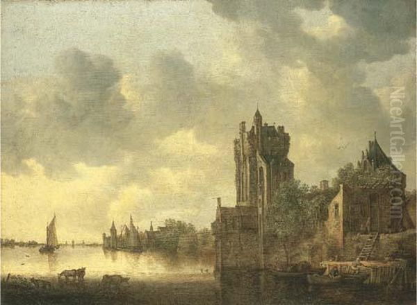 A River Landscape With Cows Watering By A Fortified Tower Oil Painting by Jan van Goyen