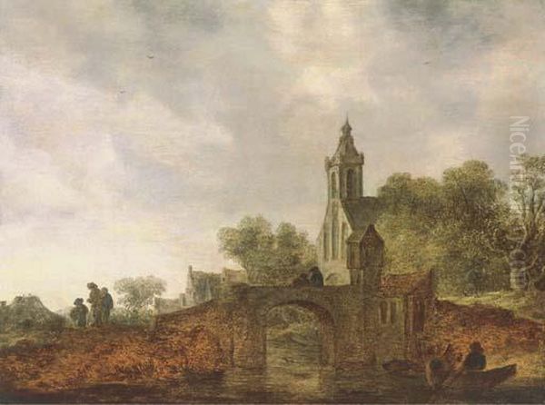 A River Landscape With Travellers Near A Bridge Oil Painting by Jan van Goyen